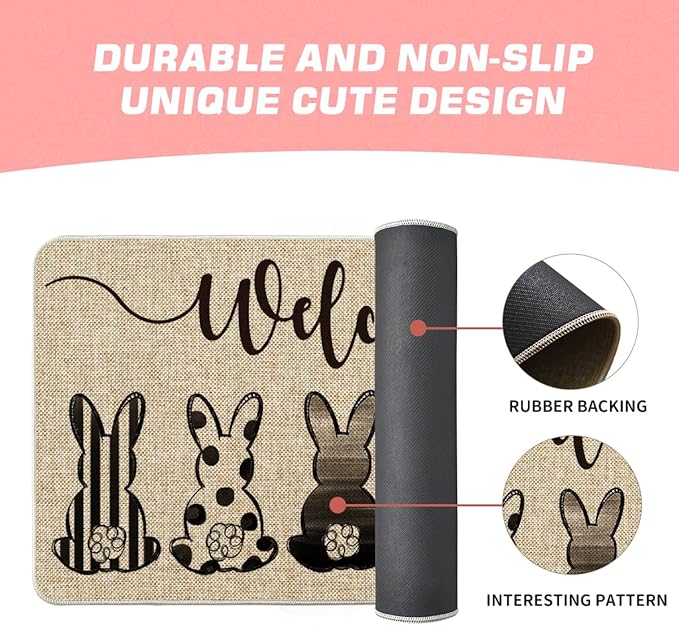 Cute Buffalo Plaid Stripes Dot Bunny Welcome Easter Doormat
