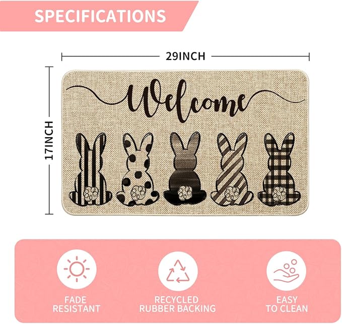 Cute Buffalo Plaid Stripes Dot Bunny Welcome Easter Doormat