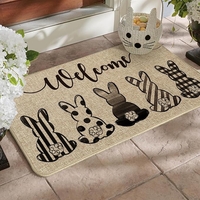 Cute Buffalo Plaid Stripes Dot Bunny Welcome Easter Doormat