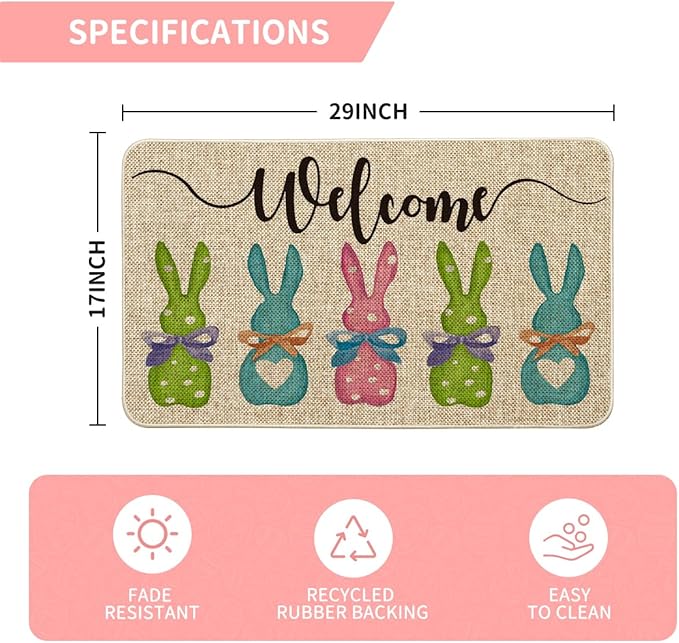 Cute Buffalo Plaid Stripes Dot Bunny Welcome Easter Doormat