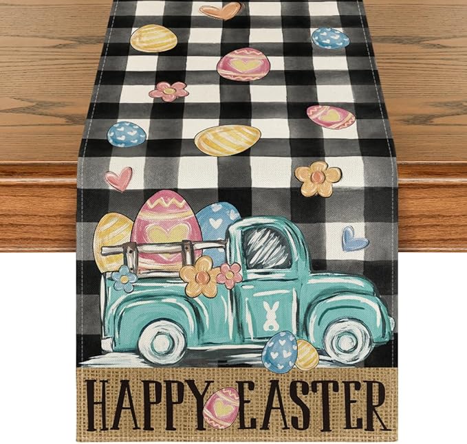 Buffalo Plaid Carrot Egg Truck Daisy Happy Easter Table Runner