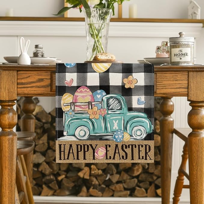 Buffalo Plaid Carrot Egg Truck Daisy Happy Easter Table Runner