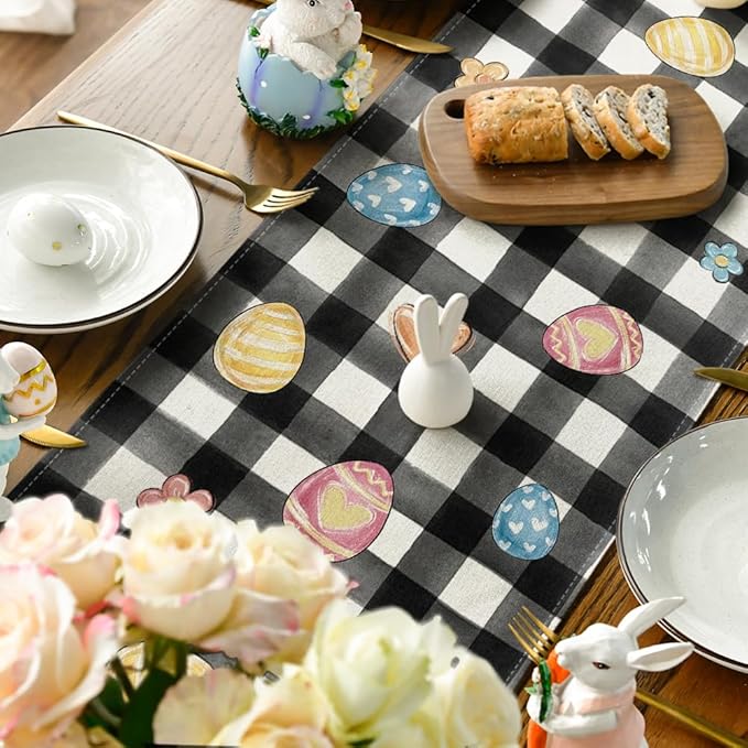 Buffalo Plaid Carrot Egg Truck Daisy Happy Easter Table Runner