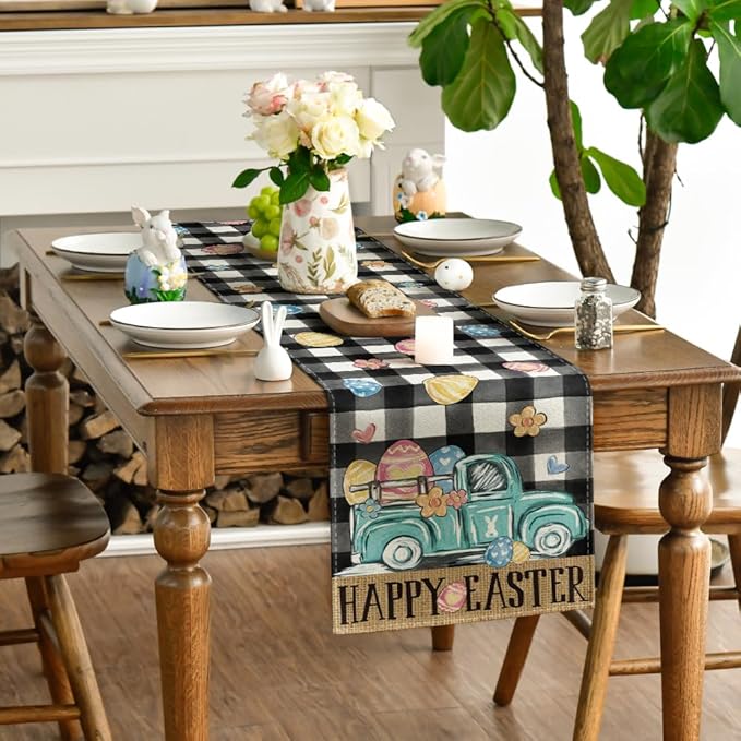 Buffalo Plaid Carrot Egg Truck Daisy Happy Easter Table Runner